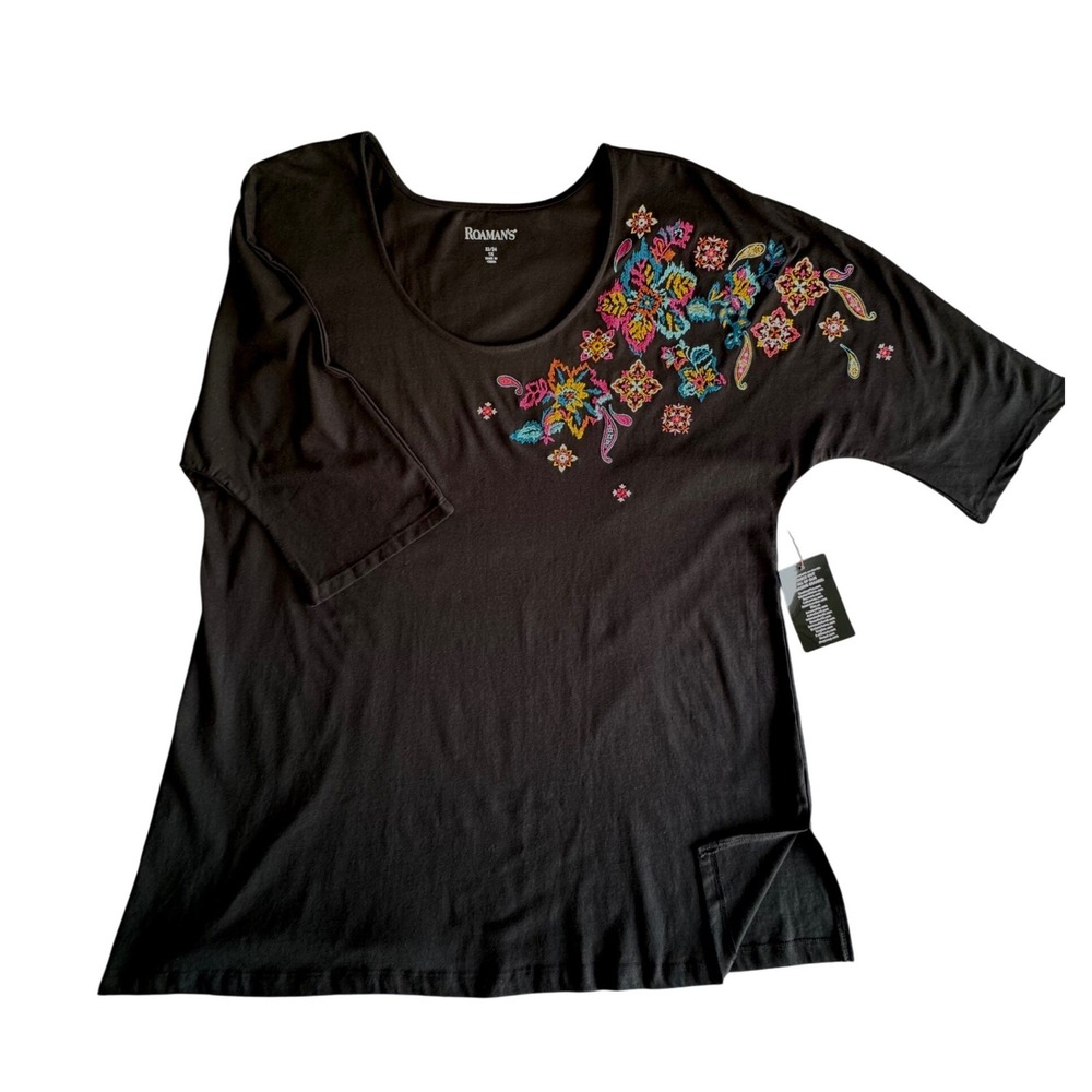 Roaman's Womens Black Floral Embroidered Scoop Neck Tunic Top 1X 22/24 NEW